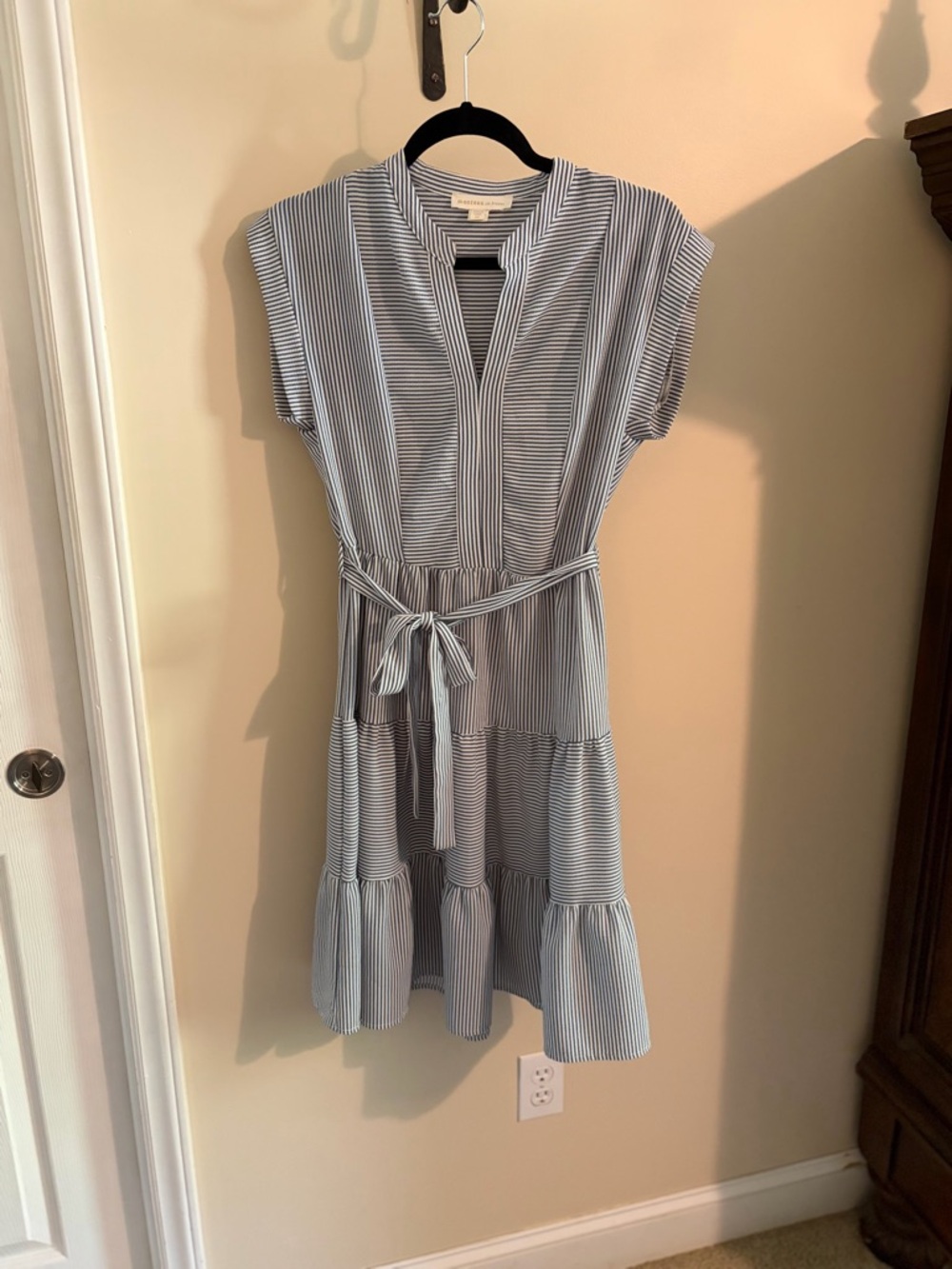 Monteau Blue and White Striped Tie-Waist Midi Dress